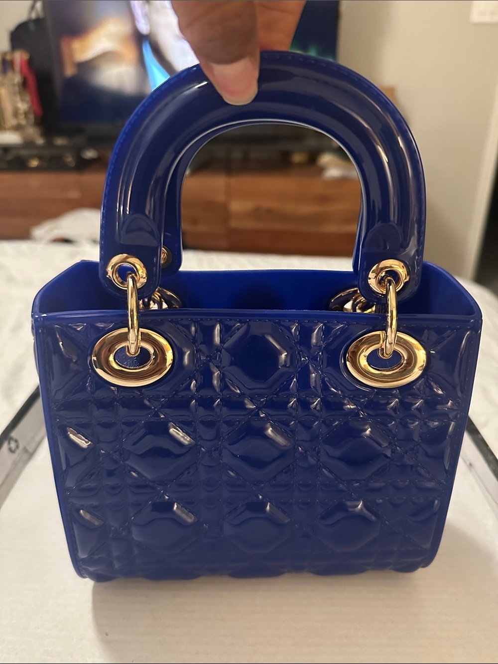 Glossy Quilted Top-Handle Bag in Royal Blue with Gold Hardware